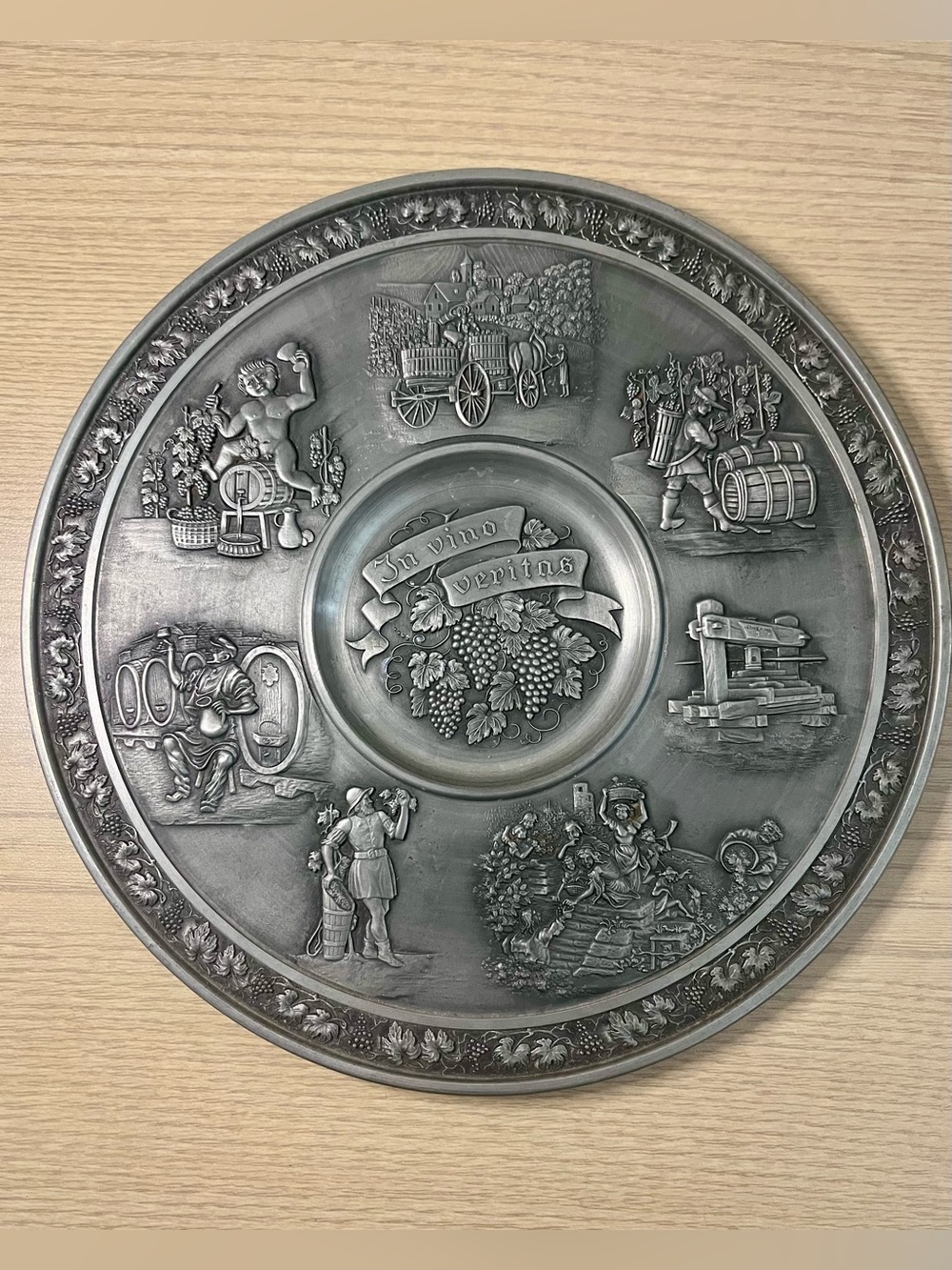 Vintage German Zinn Becker 95% Pewter Wall Plate In Vino Veritas Wine Harvest